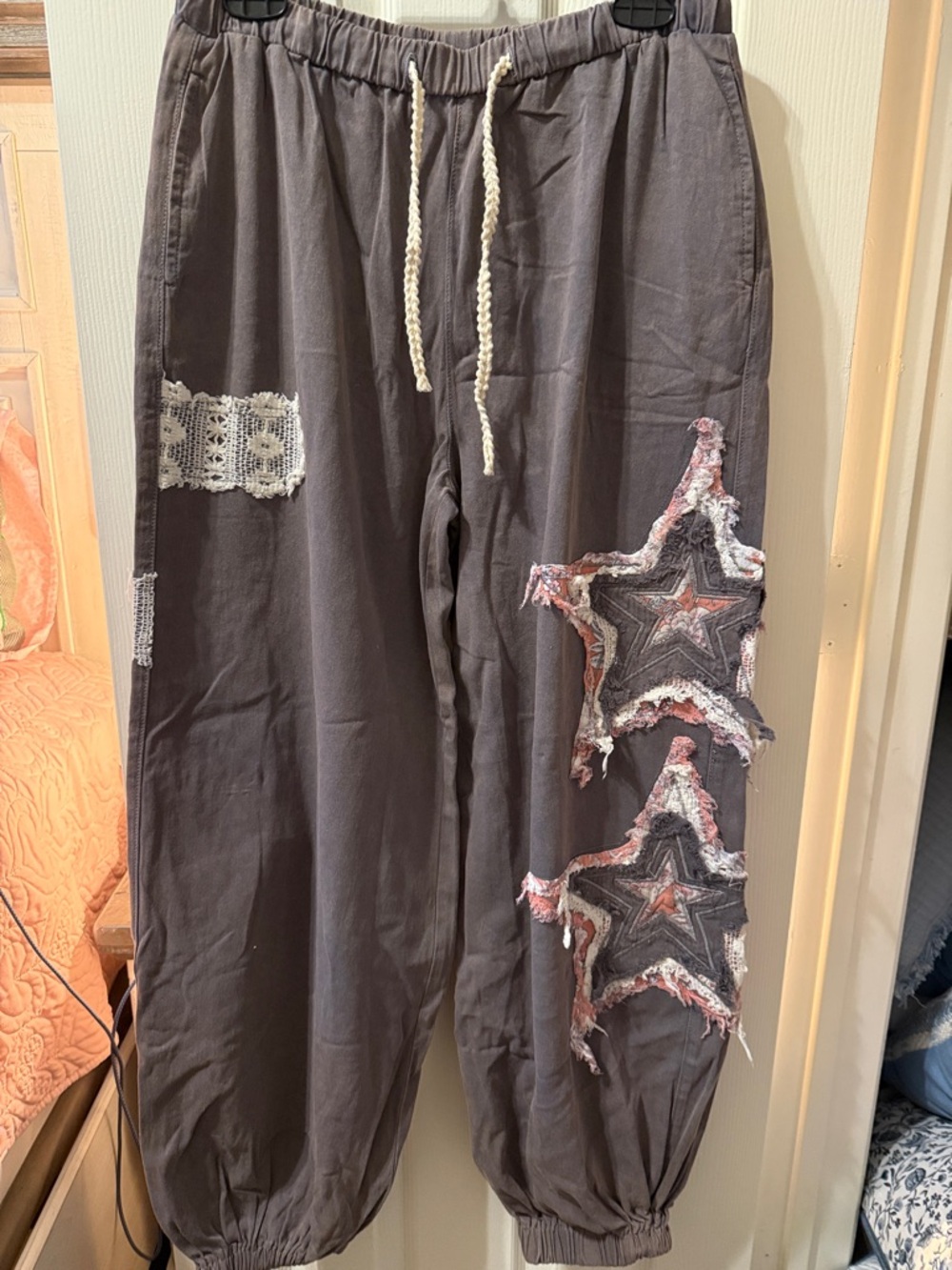 POL Charcoal Joggers with Frayed Star Patches